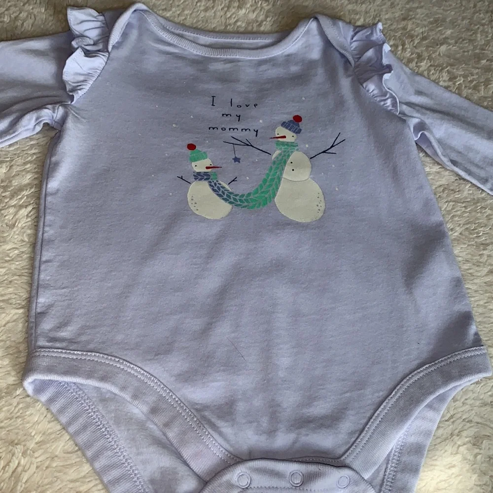 GAP Snoman Ruffle Bodysuit Onesie 6-12M I Love My Mommy EUC bluish purple